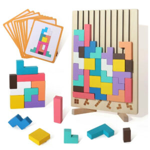 Bunics Montessori Holz‑Tetris‑Puzzle – 42 Teile, 10 Karten, buntes Lernspiel ab 3 Jahre