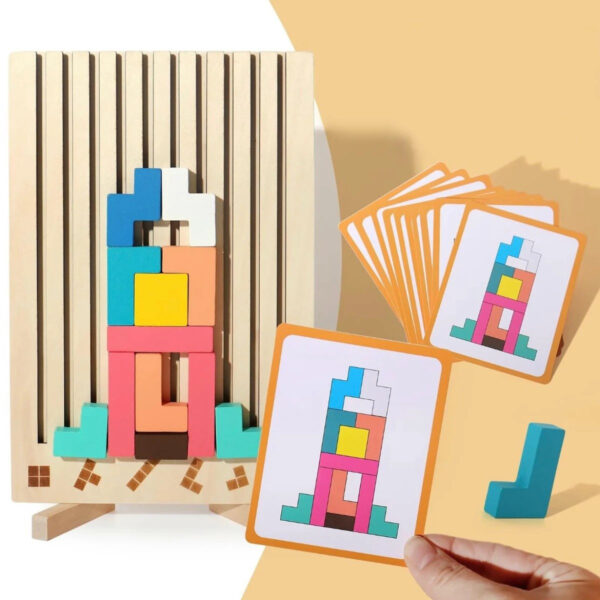 Bunics Montessori Holz‑Tetris‑Puzzle – 42 Teile, 10 Karten, buntes Lernspiel ab 3 Jahre – Bild 3