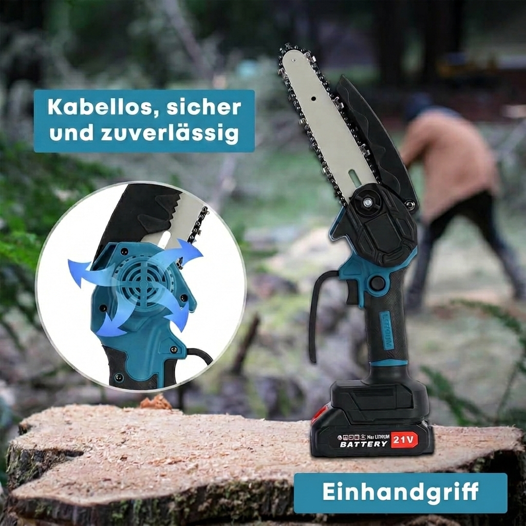 Kabellose Mini-Kettensäge mit 2 Akkus – Bild 3